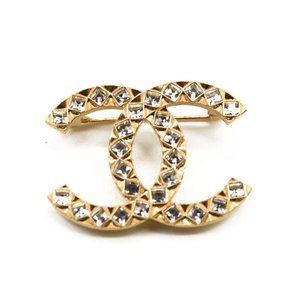 CHANEL Large Gold & Crystal CC Brooch